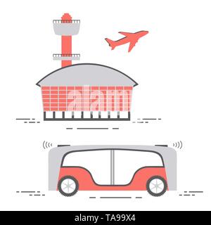 Selbstfahrer Transport der Passagiere zum Flughafen. Automatisierte Bus, autonome Fahrzeug, fahrerlose Bus. Den wissenschaftlichen und technischen Fortschritt. Neue techn Stock Vektor