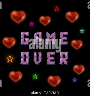 Pixel Spiel über Zeichen mit Herzen auf schwarzem Hintergrund. Spielkonzept. Farbige Glitch Farbkühlsystem. Video Spiel Bildschirm. Stock Vektor