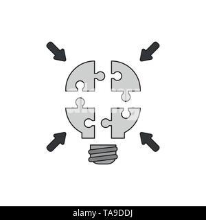 Vektor icon Konzept der vier grauen Glühbirne Puzzleteile. Schwarzen umrissen und gefärbt. Stock Vektor