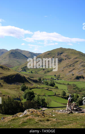 Blick nach Süden aus dem südlichen Hängen des Hallin fiel im Lake District, Cumbria mit männlichen Walker mit Blick über Martindale auf der Nab und Beda fiel. Stockfoto