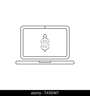 Vector Illustration Symbol Pfeil Konzept der Dollar bewegte sich im Laptop. Schwarzen umrissen. Stock Vektor