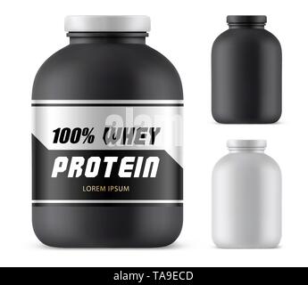 Molkeprotein Kunststoffbehälter Mockup, sport Flasche Stock Vektor