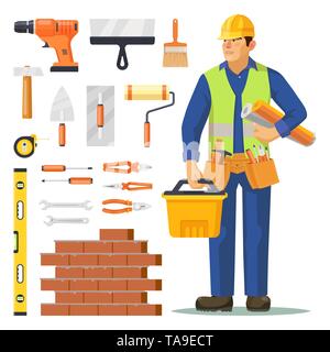 Builder Mann und Symbole für den Bau Stock Vektor