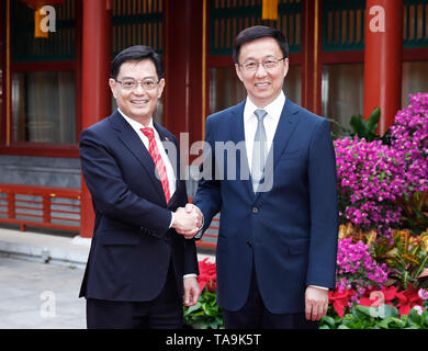 (190523) - Peking, 23. Mai 2019 (Xinhua) - Chinesische Vice Premier Han Zheng, ebenfalls Mitglied des Ständigen Ausschusses des Politbüros der Kommunistischen Partei Chinas Zentralausschuss, trifft sich mit Singaporean Stellvertretender Ministerpräsident und Finanzminister Heng Swee Keat in Peking, der Hauptstadt von China, 22. Mai 2019. (Xinhua / Liu Bin) Stockfoto