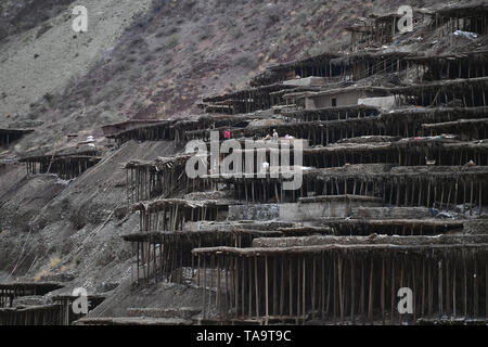 Lhasa, China's Tibet autonomen Region. 22. Mai, 2019. Die Dorfbewohner arbeiten in Kochsalzlösung Felder in Mangkam County, im Südwesten Chinas Autonomen Region Tibet, 22. Mai 2019. Eine uralte Technik der Salzgewinnung seit der Tang-Dynastie (618-907) ist in Mangkam Grafschaft erhalten. Die Menschen folgen einem Salz Erntemethode durch das Sammeln von solen aus Salzbergwerke und Teiche und verdunstet in der Sonne, bis Kristallisation. Credit: Li Xin/Xinhua/Alamy leben Nachrichten Stockfoto