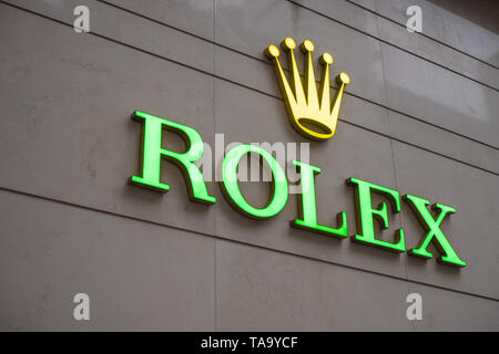Hong Kong, Hong Kong, Hong Kong. 23 Mai, 2019. Ein Schweizer Rolex Watch Company Logo außerhalb der Store in Causeway Bay. Credit: Chan lange Hei/SOPA Images/ZUMA Draht/Alamy leben Nachrichten Stockfoto