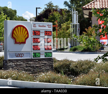 Shell Tankstelle elektronische Benzinpreise pro Gallone Zeichen, San Francisco Bay Area, Kalifornien, 2019 Stockfoto