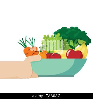Hand hält eine Schüssel voll mit frischem Gemüse und Obst im Inneren, auf weißem Hintergrund mit Kopie Raum isoliert werden. Stock Vektor