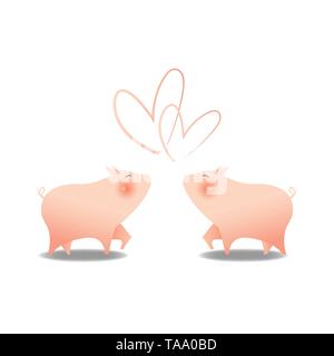 Zwei kleine niedliche Schweine Lächeln mit Big Pink Wange einander zugewandt mit Herzform obere für Liebe, Emotion, auf weißem Hintergrund. Gerne Chinesisch Stock Vektor