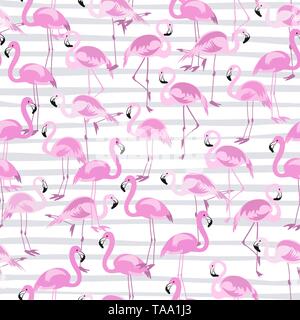 Tropische nahtlose Muster mit hellen tropischen Vogel rosa Flamingo auf weißem Hintergrund mit blauen Streifen. Vektor Sommer Design für Gewebe Stock Vektor