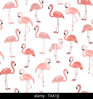Tropische nahtlose Muster mit hellen tropischen Vogel rosa Flamingo auf einem weißen Hintergrund. Vektor Sommer Design für Gewebe Stock Vektor