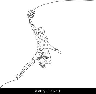 Kontinuierliche eine Strichzeichnung Basketballspieler Sprüngen Slam Dunk Stock Vektor