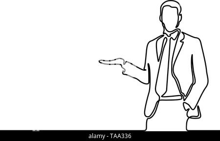 Durchgehende Linie zeichnen Geschäftsmann erzählt und zeigt etwas, Copyspace. Vector Illustration. Stock Vektor