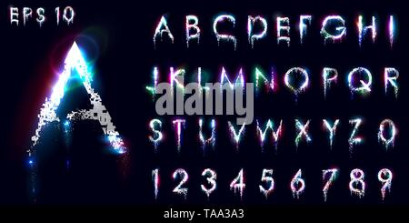 Bröckelt und leuchtende Schrift, englischen Buchstaben und Zahlen Stock Vektor