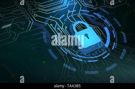 Blaues Vorhängeschloss und HUD Kreis Elemente auf Mikrochip Hintergrund Stock Vektor