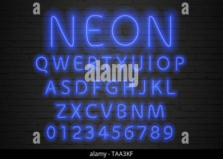 Leuchtende blaue neon Alphabet. Neon Buchstaben und Zahlen Stock Vektor