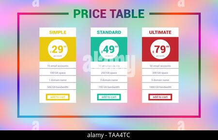 Drei Tarife, Schnittstelle für die Website. Web preis Tabelle Design Template Stock Vektor