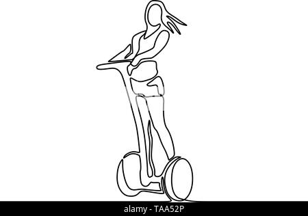 Durchgehende Linie Frau reitet einen Elektroroller, Vector Illustration. Stock Vektor