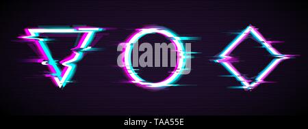 Glitch eingestellt von beleuchteten Kreis, Dreieck und Rhombus mit Verzerrung. Stock Vektor