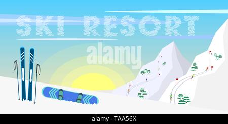 Winter Web Banner Design Ski Resort, Skiausrüstung, Tannen, Berge und Sonne Hintergrund. Stock Vektor