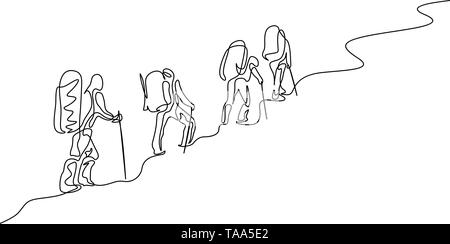 Kontinuierliche eine Strichzeichnung Gruppe von vier Reisenden Wandern in den Bergen Stock Vektor