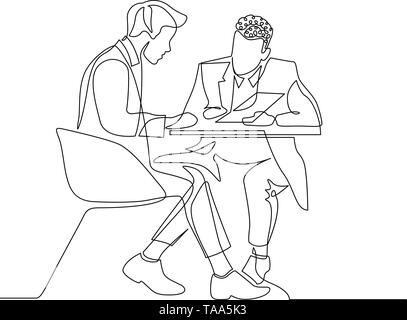 Kontinuierliche eine Linie zeichnen zwei Unternehmer diskutieren mit Dokumenten arbeiten Stock Vektor