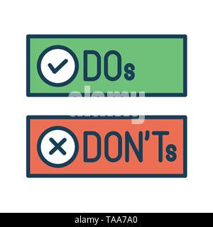 Was du tun und was du nicht tun oder Gute und Schlechte Symbole mit positiven und negativen Symbole Stock Vektor