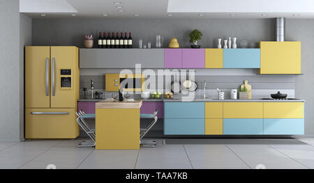 Moderne Küche Zimmer in Pastellfarben mit Insel und Hocker - 3D-Rendering Stockfoto