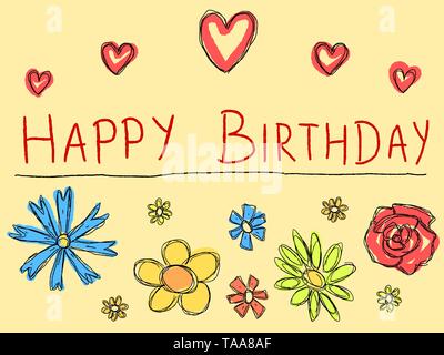 Alles Gute zum Geburtstag - Grußkarte mit Doodle scrapbook Blumen. Urlaub Feier. Stock Vektor