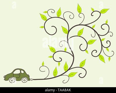 Green Car - Umweltfreundlich niedrige Emissionen Fahrzeug mit floralen Ornament aus dem Auspuff. Eco-Konzept. Stock Vektor
