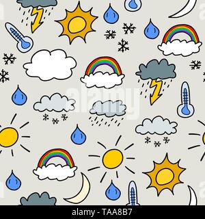 Doodle nahtlose Hintergrund Textur Illustration - wettersymbole Sammlung mit Sonnen, Wolken, Sturm und Schnee Stock Vektor