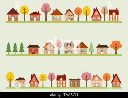 Kleine Stadt street view mit Cartoon Häuser und Bäume im Herbst. Europäische Dorfstraße. Stock Vektor