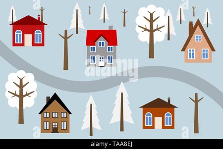 Cartoon Dorf Illustration - niedliche Häuser entlang der Straße. Winter Blick. Stock Vektor