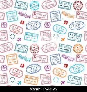 Reisen Hintergrund - reisepass Briefmarken Collage. Fiktive Briefmarken eingestellt. Stock Vektor