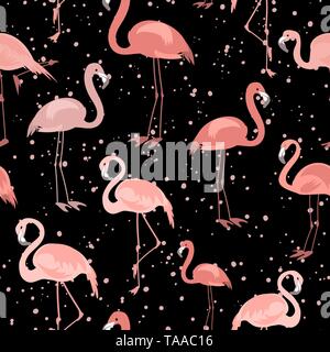 Tropische nahtlose Muster mit hellen tropischen Vogel rosa Flamingo auf einem dunklen Hintergrund mit Punkten. Vektor Sommer Design für Gewebe Stock Vektor