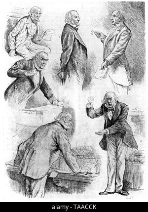 „Die Haltung von Herrn Gladstone bei der Ansprache an das Parlament“, 1881. Von Henry Furniss (1854-1925). William Ewart Gladstone (1809-1898), britischer liberaler Staatsmann, der bei vier verschiedenen Gelegenheiten als Premierminister diente. Gladstone war auch Großbritanniens ältester Premierminister und war 84 Jahre alt, als er zum letzten Mal zurücktrat. Stockfoto