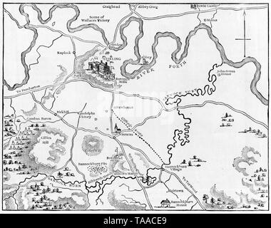 Plan der Schlacht von Bannockburn. Die Schlacht von Bannockburn wurde am 24. Juni 1314 gekämpft und war ein bedeutender schottischer Sieg im ersten Krieg der schottischen Unabhängigkeit. Stockfoto