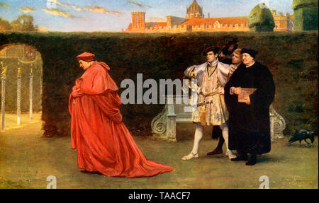 „Die Wolken, die sich um die untergehenden Sonne sammeln, oder Kardinal Wolsey in Schande“. Von John Seymour Lucas (1849-1923). Henry VIII und Thomas Cranmer konfrontieren Kardinal Wolsey auf dem Gelände des Hampton Court Palace. Es wird gesagt, dass Kardinal Wolsey (c1473-1530) in der Zeit vor seiner Entlassung stundenlang in seinem Garten darüber nachdenken würde, Besucher zu ignorieren, so mächtig oder wichtig sie auch sein mögen. Stockfoto