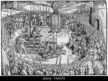 Die Verbrennung von Latimer und Ridley in Oxford, 16. Oktober 1555. Von John foxe' Buch der Märtyrer" oder "Actes und Denkmäler", 1570. Hugh Latimer (c) 1487-1555 war die Reformation Bischof von Worcester und später Kaplan der Kirche von England, König Edward VI. Nicholas Ridley (c 1500-1555), war der Bischof von London. Sie wurden auf dem Scheiterhaufen verbrannt und waren zwei der drei Oxford Märtyrer. Stockfoto