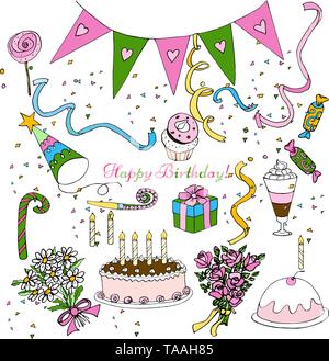 Hand zeichnen Geburtstag clipart, isolierte doodle Set Design Dekoration Stock Vektor