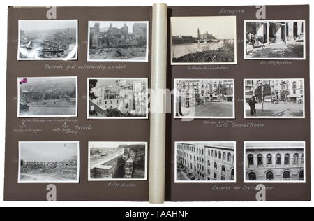 Ein Fotoalbum über den Spanischen Bürgerkrieg (1936 - 39) - Legion Condor mit mehr als 280 hervorragende Fotos von technischen und geografischen Gegebenheiten. Das Album mit Beschriftungen, mit Informationen von einem Regional Manager des Staplers Abschnitt für Spanien und Portugal der Firma Henschel in Kassel gegeben. Mehrere Bilder von im Einsatz befindlichen Fahrzeuge, Flugzeuge, spanische Städte (Burgos, Sevilla, Bilbao, Santander, Teruel, Mallorca etc.). Auch Luftschutzräumen und Positionen, marschierenden Truppen, zerstörte Gebäude, Kämpfe am Ebro, Teruel und Cubla Fronten. Mit einer Pin für Henschel Verkäufer im Hafen, Editorial-Use - Nur Stockfoto