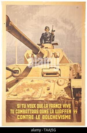 Eine französische Propaganda Poster Werbung der Waffen-SS Darstellung in Farbe eines SS Panzer crewman in den Revolver eines sandfarbenen Tiger Typ tank. Monogrammiert "J3". Der französische Text ich Tu Veux que la France vive tu combattras dans la Waffen-SS contre le Bolchevisme", am unteren Rand '30.000-5 (10-43)' und 'Aus. Rep. Aff. V.I.1070'. Gefaltet, minimale Kante beschädigt werden. Abmessungen 119 x 80 cm. historischen, historische, 20. Jahrhundert, 1930S, 1940s, Waffen-SS, bewaffneten Division der SS, bewaffneten Service, Streitkräfte, NS, Nationalsozialismus, Nationalsozialismus, Drittes Reich, Deutsche Reich, Deutschland, Militär, Editorial-Use - Nur Stockfoto