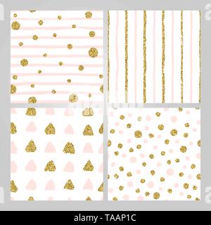 Set aus 4 Hand gezeichnet nahtlose Muster in gold, Pastell rosa. Streifen, Polka Dots, Dreiecke, runde Pinselstrich Muster. Abstrakte endlose Textur Stock Vektor