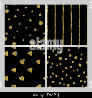 Set aus 4 Hand gezeichnet nahtlose Muster in gold schwarz. Streifen, Polka Dots, Dreiecke, runde Pinselstrich Muster. Abstrakte endlose Textur. Stock Vektor