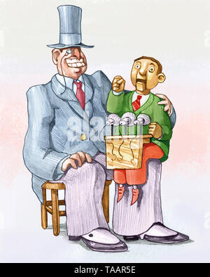 Banker Bauchredner auf seinen Knien eine politische Marionette Allegorie der Kontrolle wirtschaftlicher Macht über die Politik humorvolle politische Karikatur Stockfoto