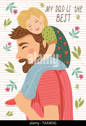 Handgezeichneten Zeichnung der Vater und das Kind sitzt auf seinen Schultern auf weißem Hintergrund mit Blumen und Blätter Stock Vektor