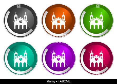 Religion, Kirche, Symbol, Set silber metallic runde Symbole in sechs Farben auf weißem Hintergrund, modernes Design Vector Illustration Stock Vektor