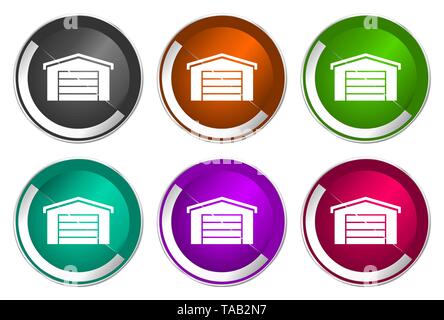 Garage Symbol, Set silber metallic runde Symbole in sechs Farben auf weißem Hintergrund, modernes Design Vector Illustration Stock Vektor