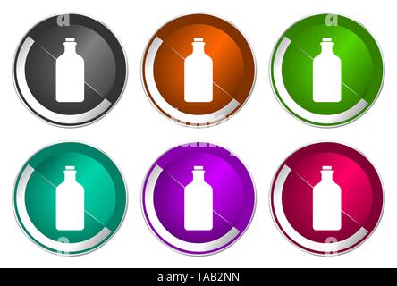 Flasche Symbol, Set silber metallic runde Symbole in sechs Farben auf weißem Hintergrund, modernes Design Vector Illustration Stock Vektor