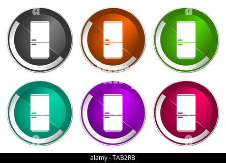 Kühlschrank Kühlschrank Symbol, Set silber metallic runde Symbole in sechs Farben auf weißem Hintergrund, modernes Design Vector Illustration Stock Vektor